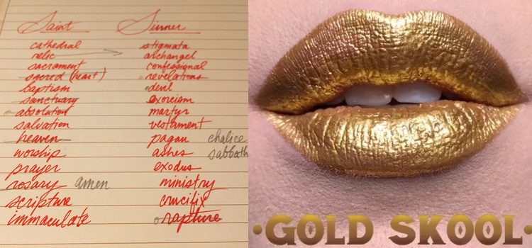 A la izq los nombres de las sombras de 'Sinner and Saint', a la dch el nuevo top coat dorado de 'Everlasting Liquid Lipstick'